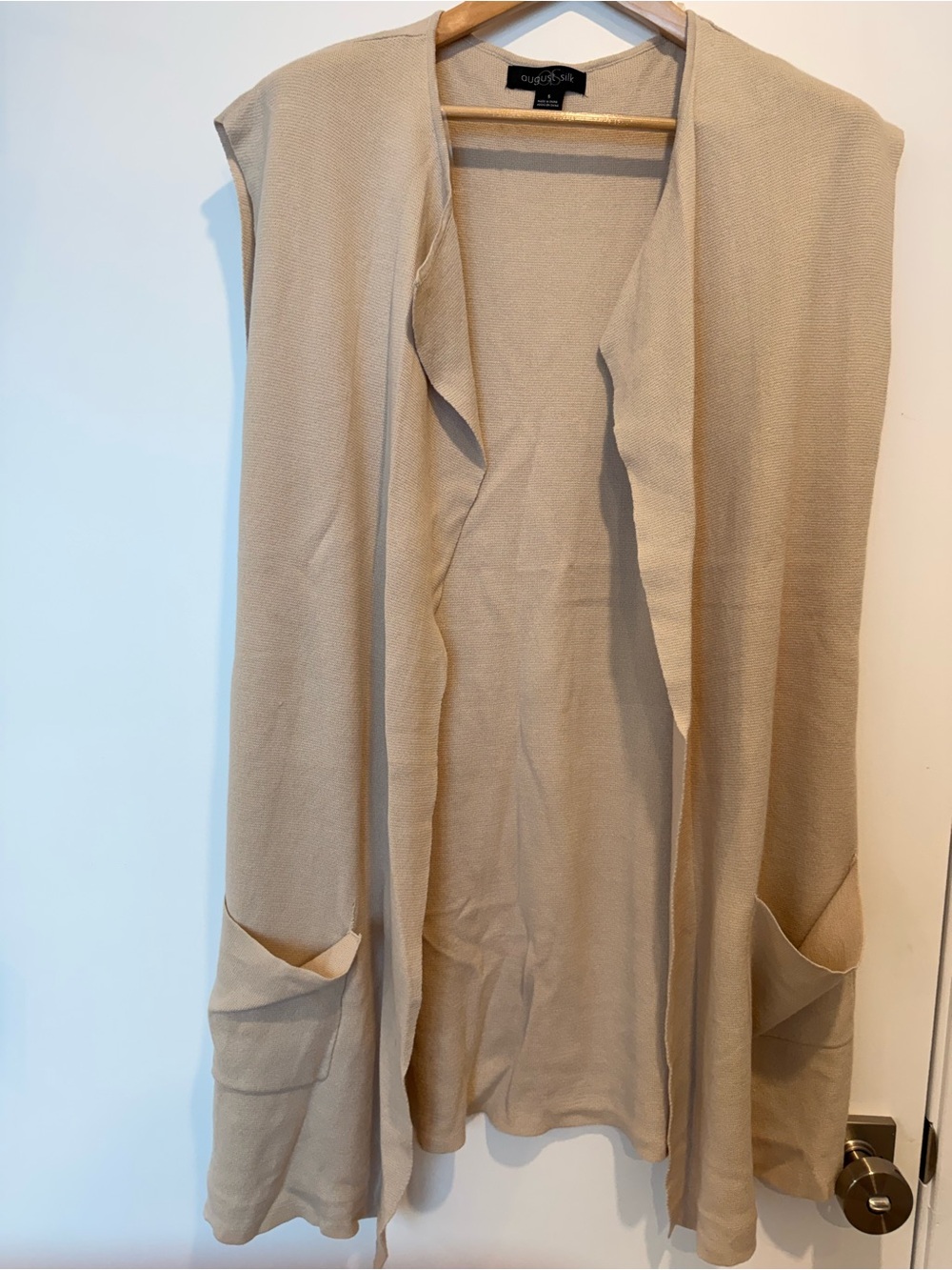 August Silk Beige Open-Front Sleeveless Cardigan